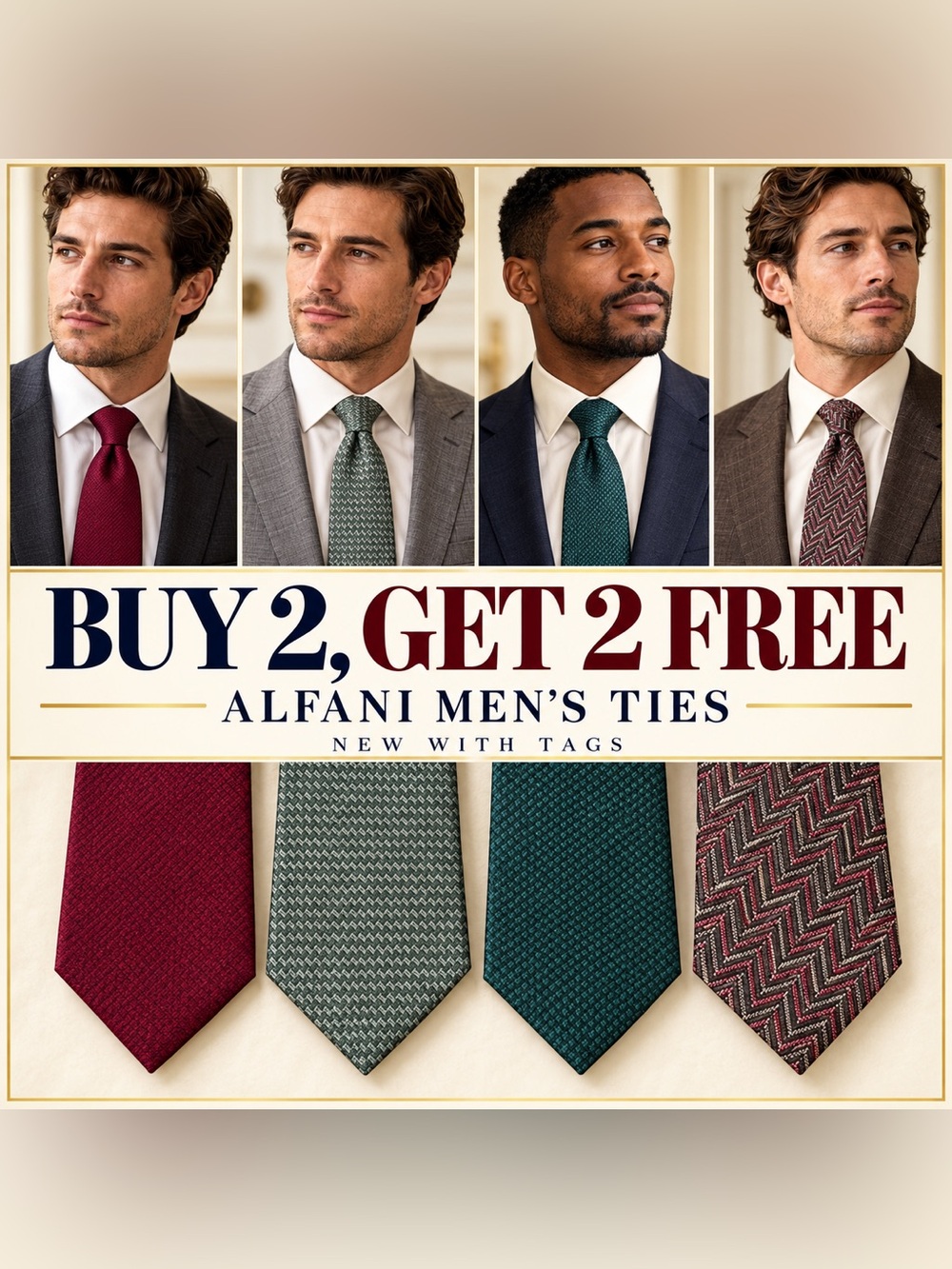 Alfani Erne Stripe / Herringbone Ties Men's Tie Set Green & Red NEW